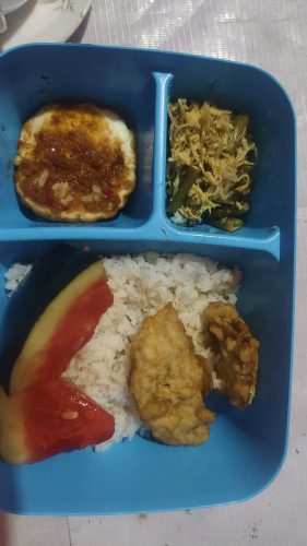Menu Mbg hari ini pengelola dapur di desa pordepor di bawah naungan yayasan darul arqom batugerbuy
Dua Goreng tempe kecil.dua iris semangka kecil.telur mata sapi.sayur sedikit