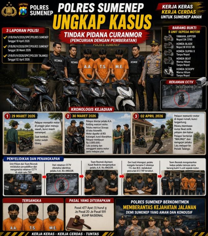 
 Polres Sumenep Bongkar Aksi Curanmor di Tiga Lokasi, Tiga Pelaku Dibekuk