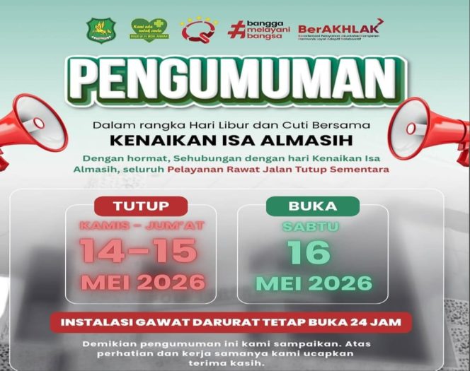 
 Libur Kenaikan Isa Almasih 2026, RSUD dr. H. Moh. Anwar Tutup Sementara Layanan Rawat Jalan