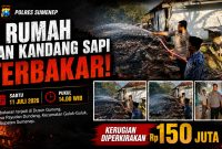 Personel Polsek Guluk-Guluk bersama warga memadamkan kebakaran yang menghanguskan tiga rumah dan kandang sapi di Dusun Gunung, Desa Payudan Dundang, Kecamatan Guluk-Guluk, Sumenep, Sabtu (11/7/2026).