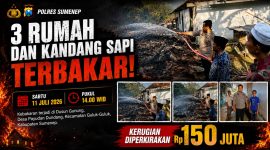Personel Polsek Guluk-Guluk bersama warga memadamkan kebakaran yang menghanguskan tiga rumah dan kandang sapi di Dusun Gunung, Desa Payudan Dundang, Kecamatan Guluk-Guluk, Sumenep, Sabtu (11/7/2026).