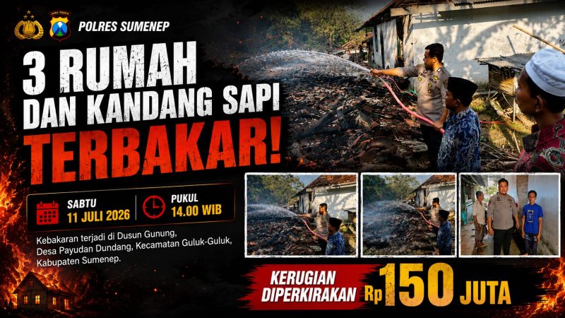 Personel Polsek Guluk-Guluk bersama warga memadamkan kebakaran yang menghanguskan tiga rumah dan kandang sapi di Dusun Gunung, Desa Payudan Dundang, Kecamatan Guluk-Guluk, Sumenep, Sabtu (11/7/2026).