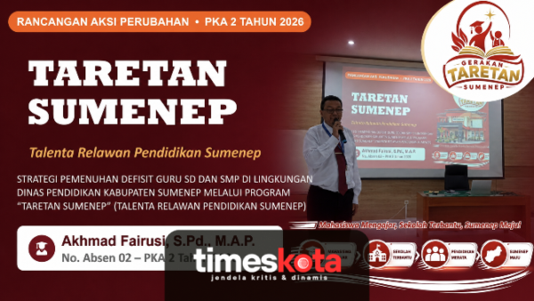 Kabid GTK Dinas Pendidikan Kabupaten Sumenep, Akhmad Fairusi, S.Pd., M.AP., memaparkan program Taretan Sumenep sebagai strategi mengatasi kekurangan guru di wilayah daratan dan kepulauan.